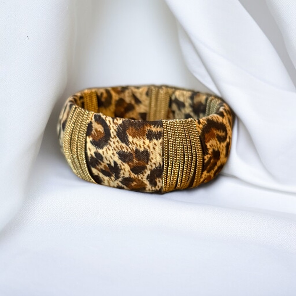 Leopard print chain wrapped fabric bangle bracelet